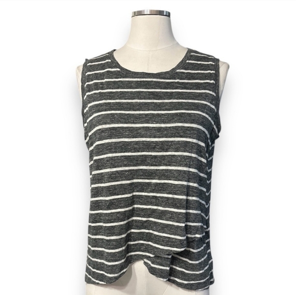 ATHLETA Stripe Linen Criss Cross Tank Tulip Hem Grey Heather - Picture 8 of 9